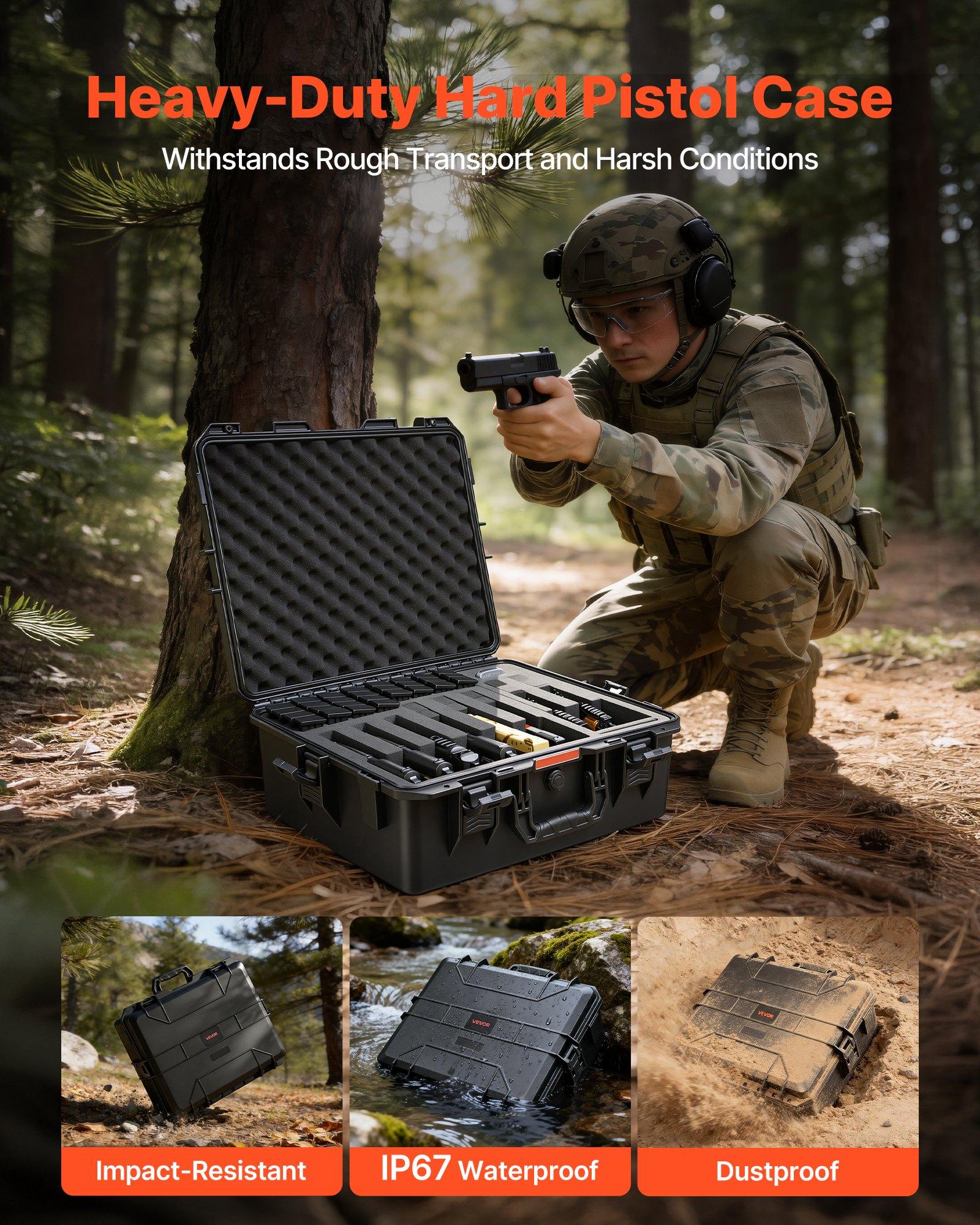 VEVOR Hard Pistol Case, Heavy Duty Hard Gun Case with XPE Foam Lining, Waterproof Pistol Storage Box with Customizable Interior & Handle for Gun, Lenses, Camera, Gear, TSA Compliant, 21.9x17.9x8.8 in VEVOR Hard Pistol Case, Heavy Duty Hard Gun Case with XPE Foam Lining, Waterproof Pistol Storage Box with Customizable Interior & Handle for Gun, Lenses, Camera, Gear, TSA Compliant, 21.9x17.9x8.8 in