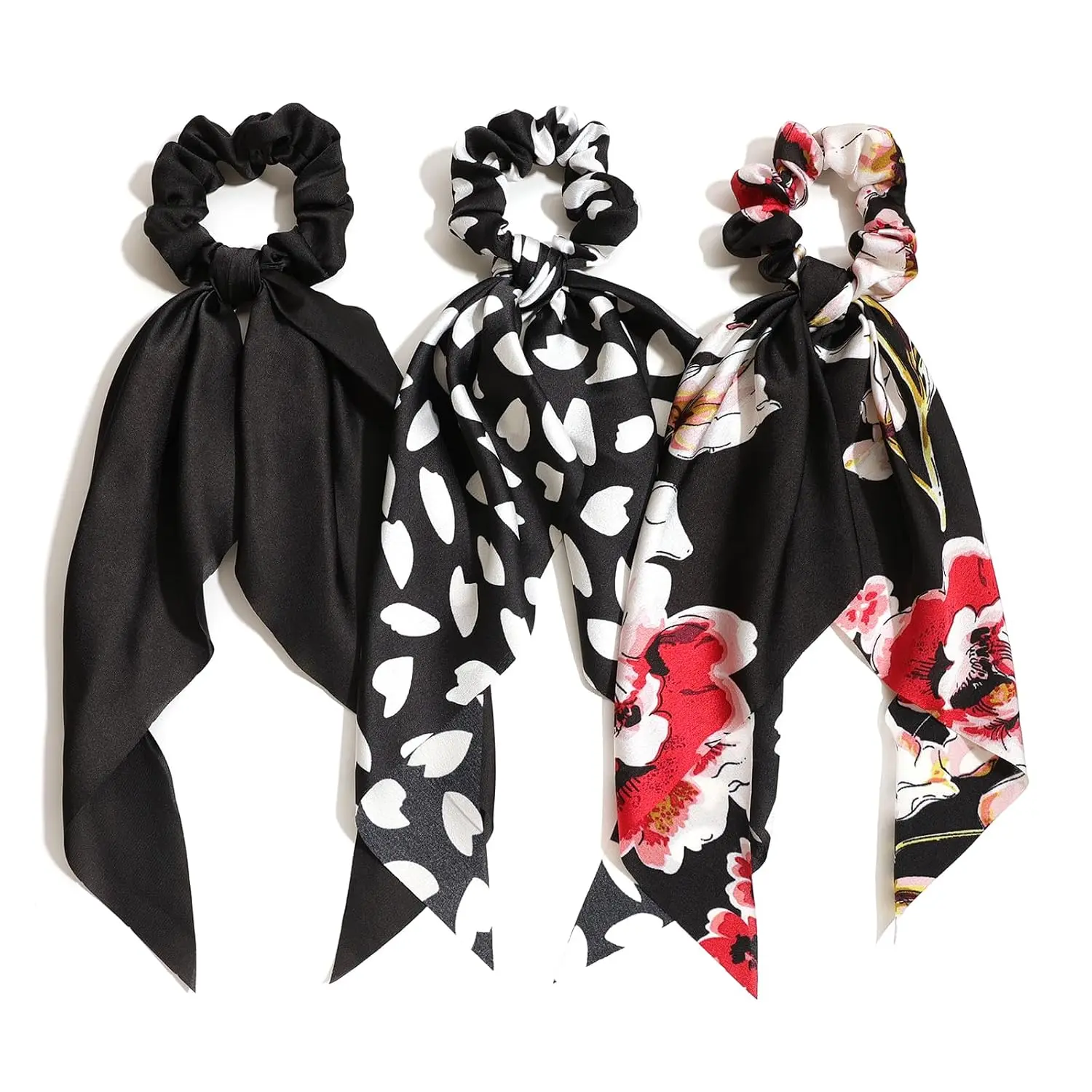 Black Hair Scarf Scrunchies for Women Knotted Bow Silk Hair Ties with Ribbons Elastic Rubber Bands Satin Scrunchy Ponytail Holders Accessories(Black,3pcs)