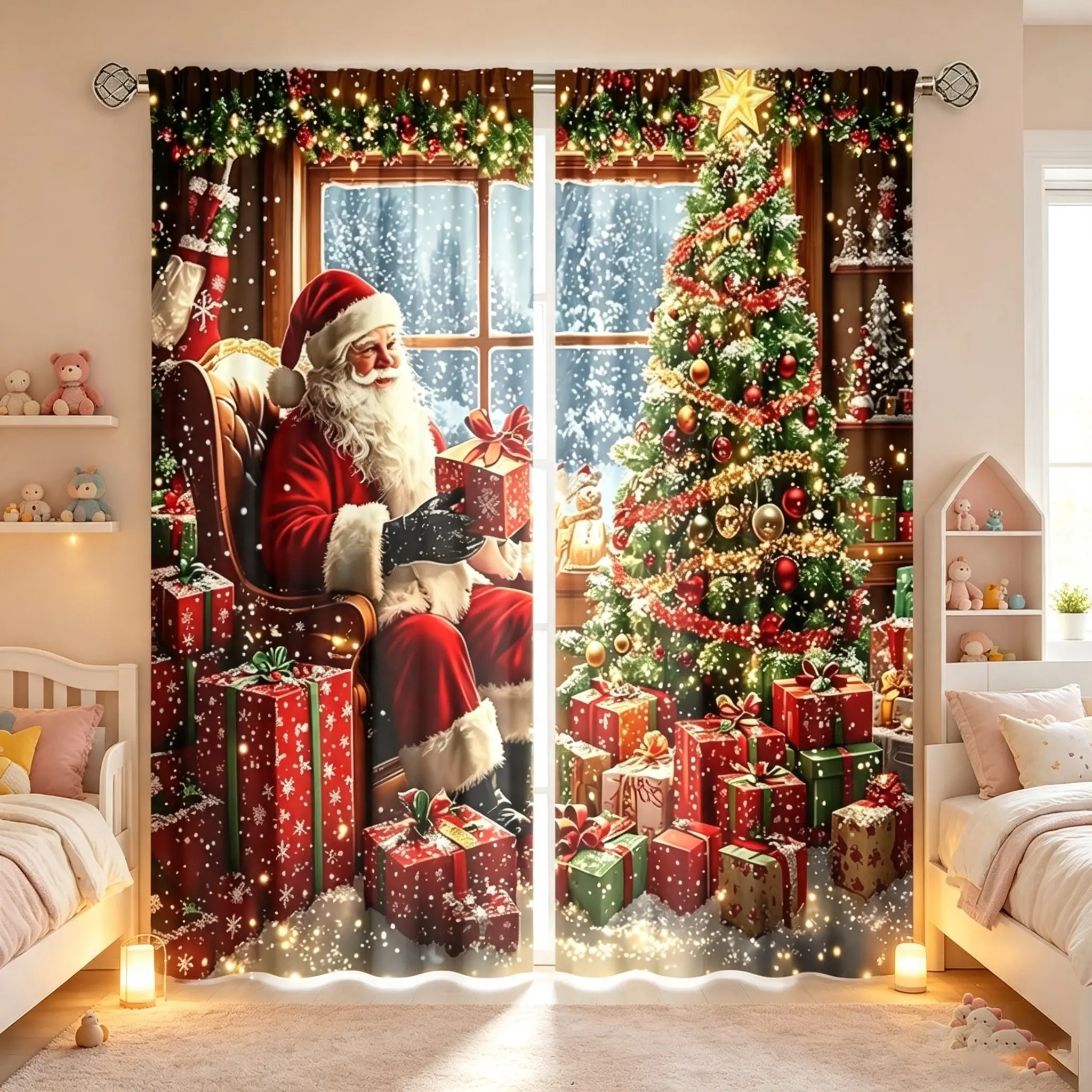 2-piece set of cozy Santa Claus and Christmas tree patterned slightly translucent curtains made of polyester material, suitable for children's rooms, bedrooms, living rooms, and study rooms, perfect for festive occasions