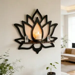 Lotus Design Wooden Wall-Mounted Shelf, Zen Style Wall Storage Rack, Aromatherapy Candle Crystal Display Stand, Decorative Organizer