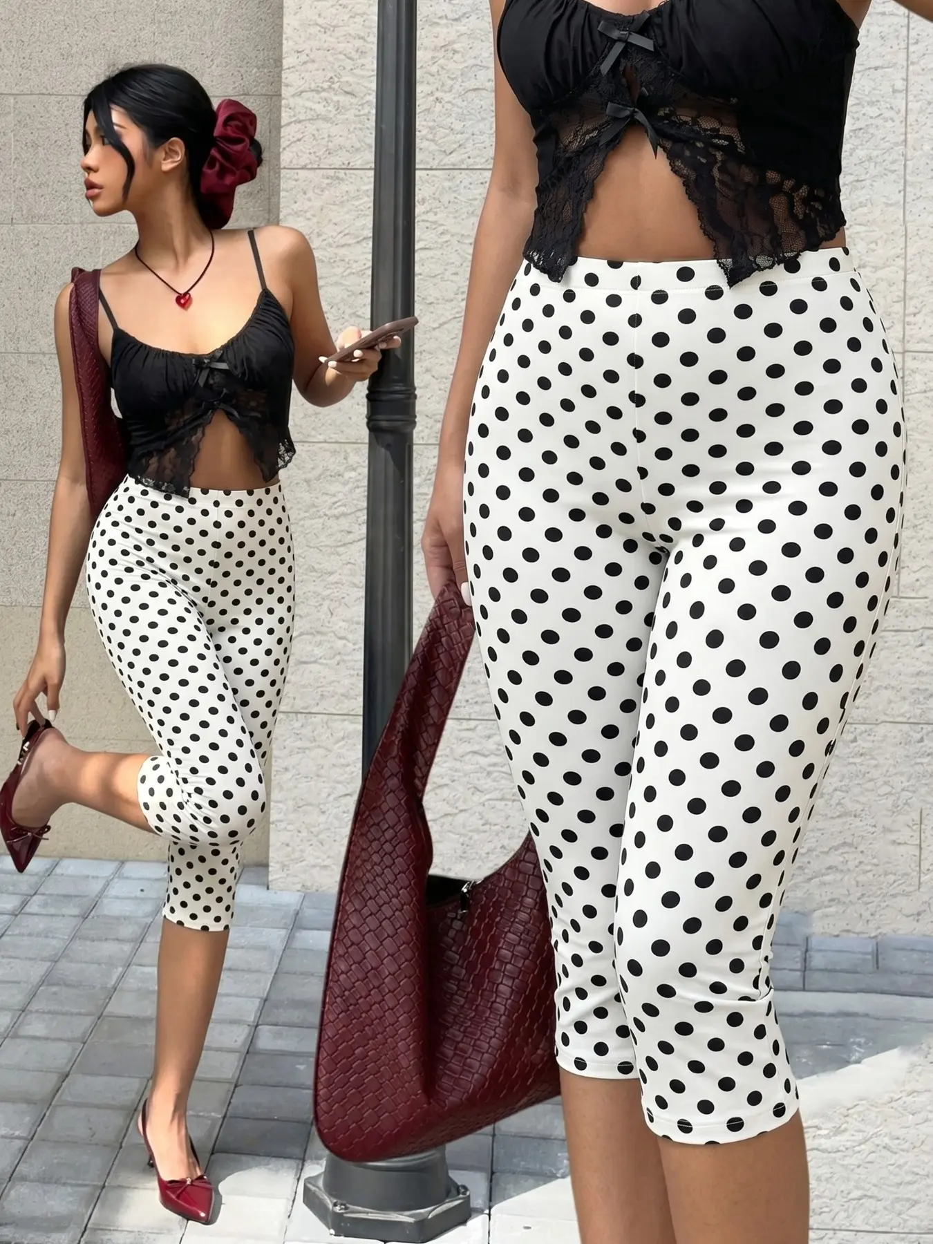 ✨Trending Y2K Vibe✨ Classic Polka Dot Capri Leggings | Aesthetic Slim-Fit Cropped Pants for Cool Girl Streetwear