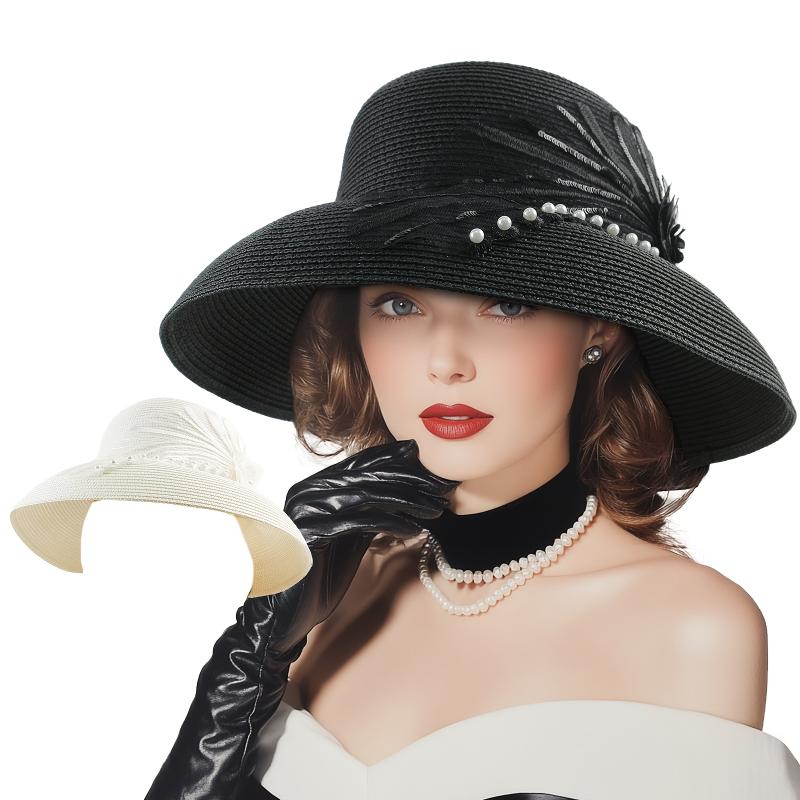 jewelry [Pearl & Lace Flower Straw Hat] Elegant Pearl & Lace Flower Straw Hat - Stretchable Wide Brim Sun Hat with Faux Feather Accent - Ideal for Beach Vacations, Derby Events & Church Outings