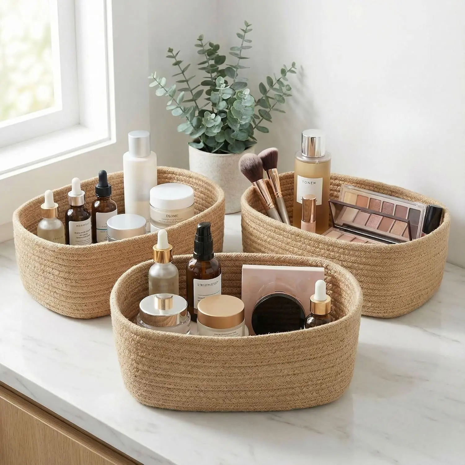 Beautiful Storage Basket Set of 3 - Sturdy Jute Rope Baskets for Shelves Perfect for Organizing Your Home - Quality Storage Bins Fit Any Nursery or Bedroom Decor