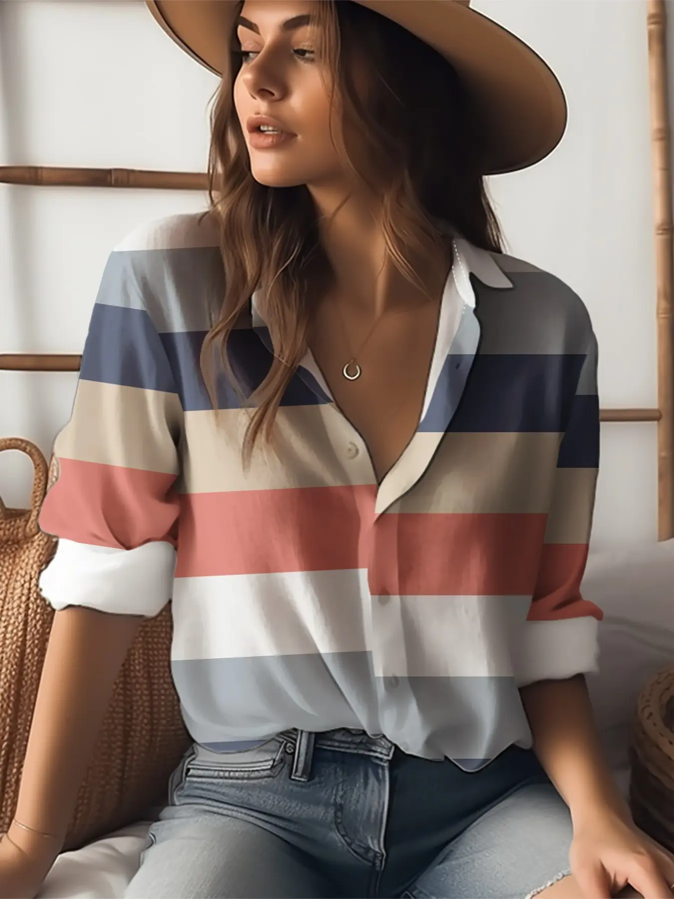 2026 New Women's Morandi Colorblock Wide Striped Blouse, Blue Coffee Retro Horizontal Stripe Lapel Loose Fit Long Sleeve Shirt
