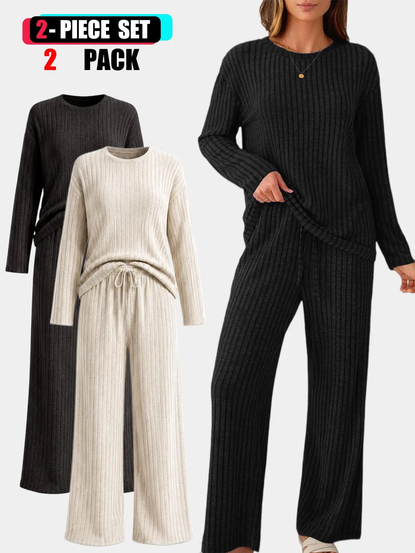 1/2 Sets Women's Ribbed Knit Lounge Set, 2 Piece Long Sleeve Top & Drawstring Wide Leg Pants Outfit, Casual Comfy Pajama Set, Soft Stretchy Matching Loungewear for Women, Cozy Homewear & Everyday Wear