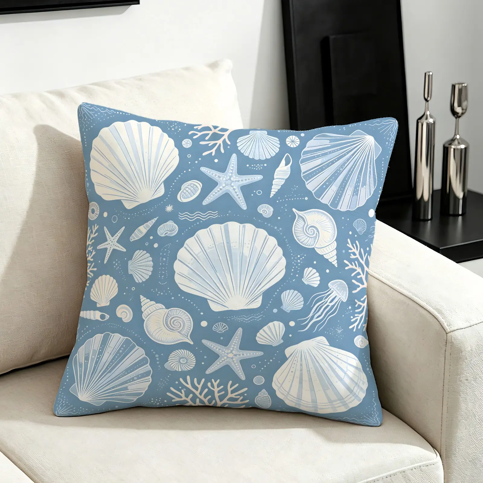 45×45cm, 1 Piece Fresh Light-Tone Ocean Shell Printed Throw Pillow, Machine-Washable Fabric, Trendy Healing Coastal Element Print, High-Resilience Plump Filling, Decorative Cushion Suitable for All People and All Scenarios (Pillow Insert Included)