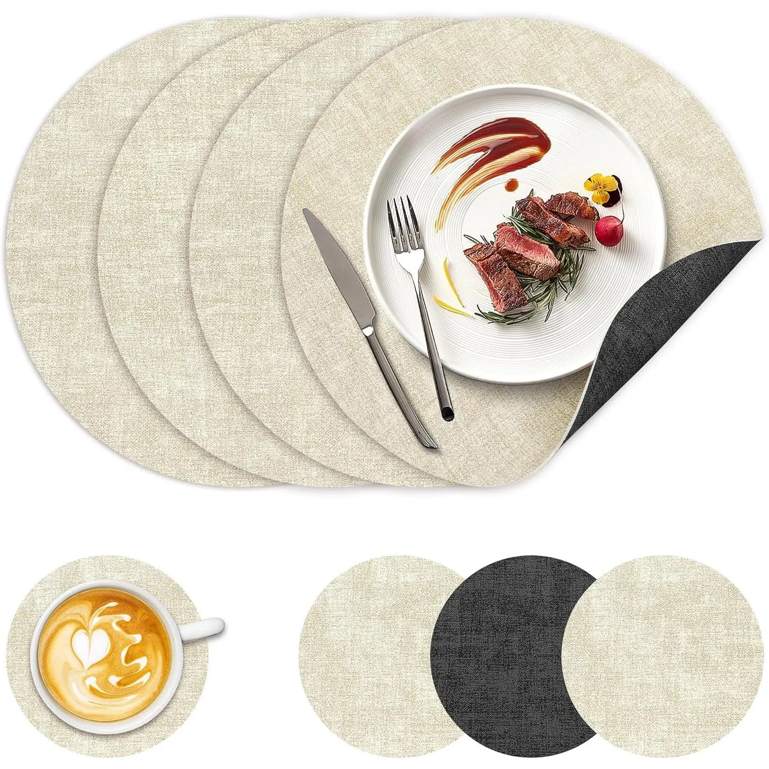 NCUE 13" Faux Round Placemats Set of 4, Reversible Dual-Color| With 3.9", 2 mm Vinyl Table Mats, Waterproof Wipeable Heat Resistant, Non-Slip Texture, for Dinner Home Decor
