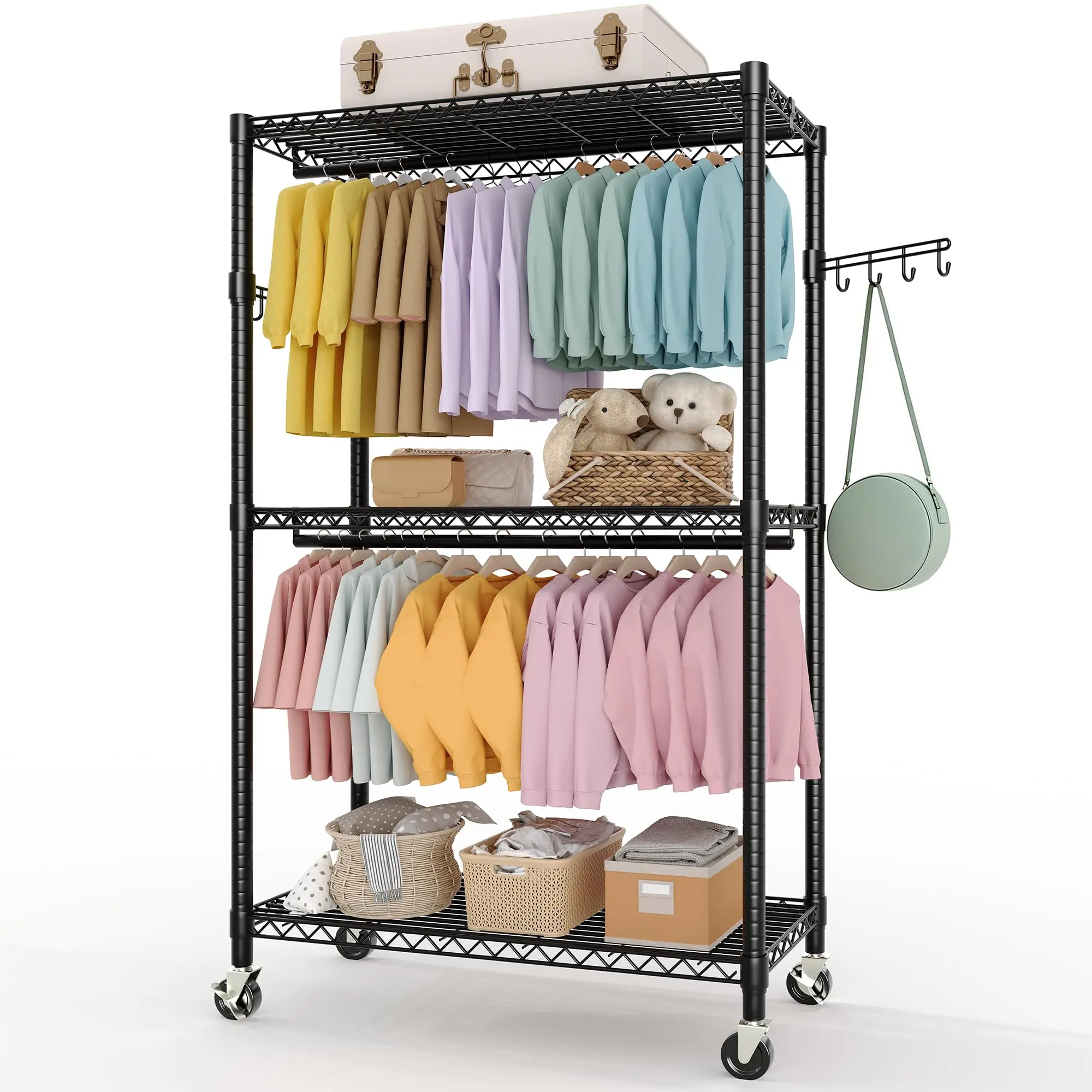 Heavy Duty Rolling Clothes Rack 727lbs Garment Rack Freestanding Wardrobe Closet Organizer with Wheels 3 Tier Adjustable Metal Wire Shelving Unit 2 Hanging Rods 8 Side Hooks Portable Clothing Shelf for Bedroom Laundry Room Black