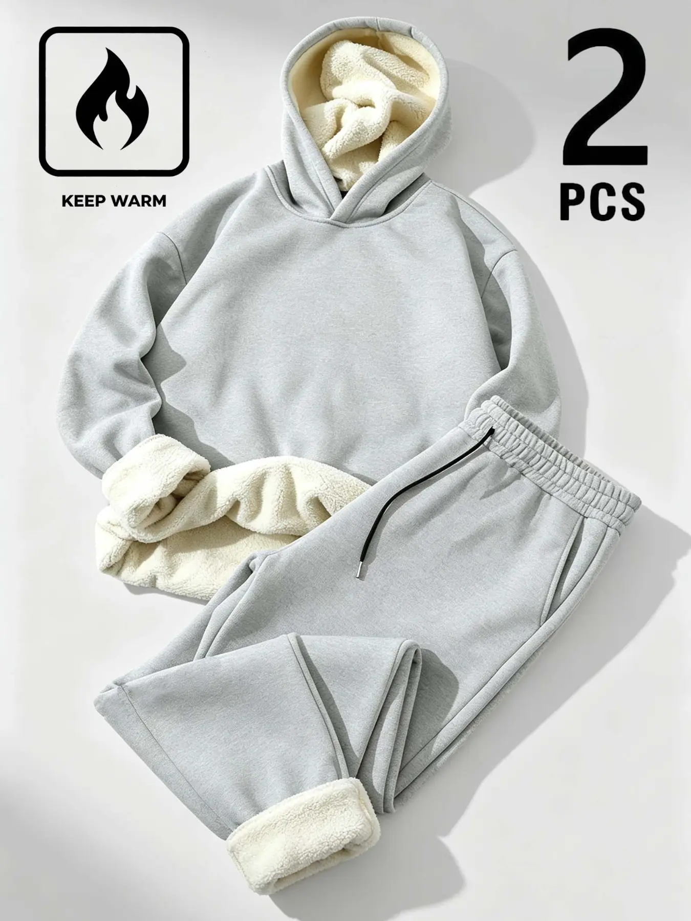 Men 2 Piece Faux Sherpa Fleece Lined Tracksuit Set Light Grey Heather Pullover Hoodie Drawstring Jogger Pants Thermal Warm Elastic Waist Side Pockets Oversized Fit Casual Winter Streetwear Outfit