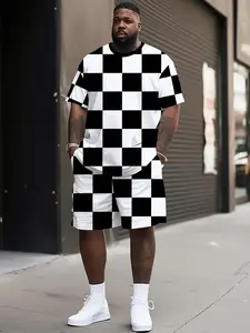 American Style Checkered Plus Size Men's Short Sleeve Shorts Set, Loose Fit Round Neck T-Shirt, Casual Sports Wear