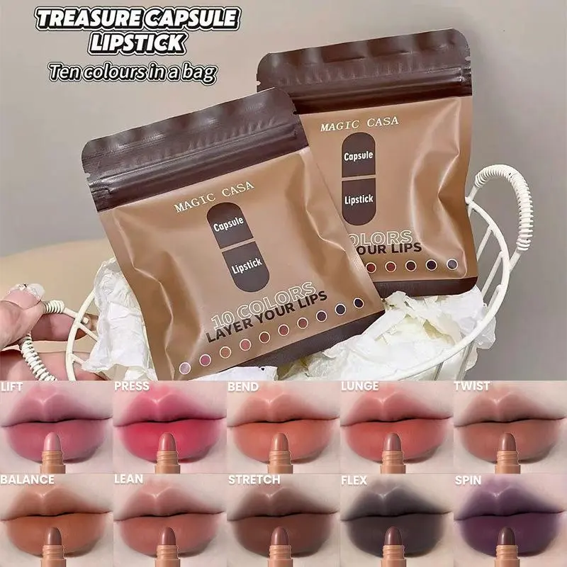 Matte Mini Capsule Lipstick Set 10 Shades Nude Velvet Long Wear Lip Stain Waterproof Non-Drying Tiny Pocket Lip Makeup Kit for Women Daily Makeup