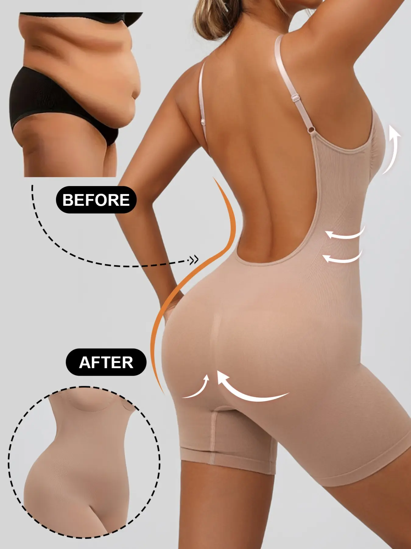 1pc Adjustable Strap Sexy U Back Shaping Bodysuit, Breathable Tummy & Butt Lift Thigh Slimmer