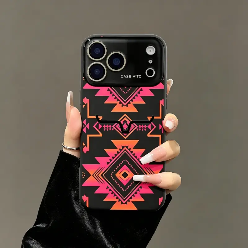 Western Bull Horn Aztec Geometric Tribal Gradient Ethnic Print iPhone Case - Shockproof Durable Casing, Camera Protection Accessory for iPhone 17 Air,17 Pro,16 Pro,16 Pro Max,15,14 Plus,13,12 | Smartphone, Cellphone Phone Accessories, Iphone 16 Pro