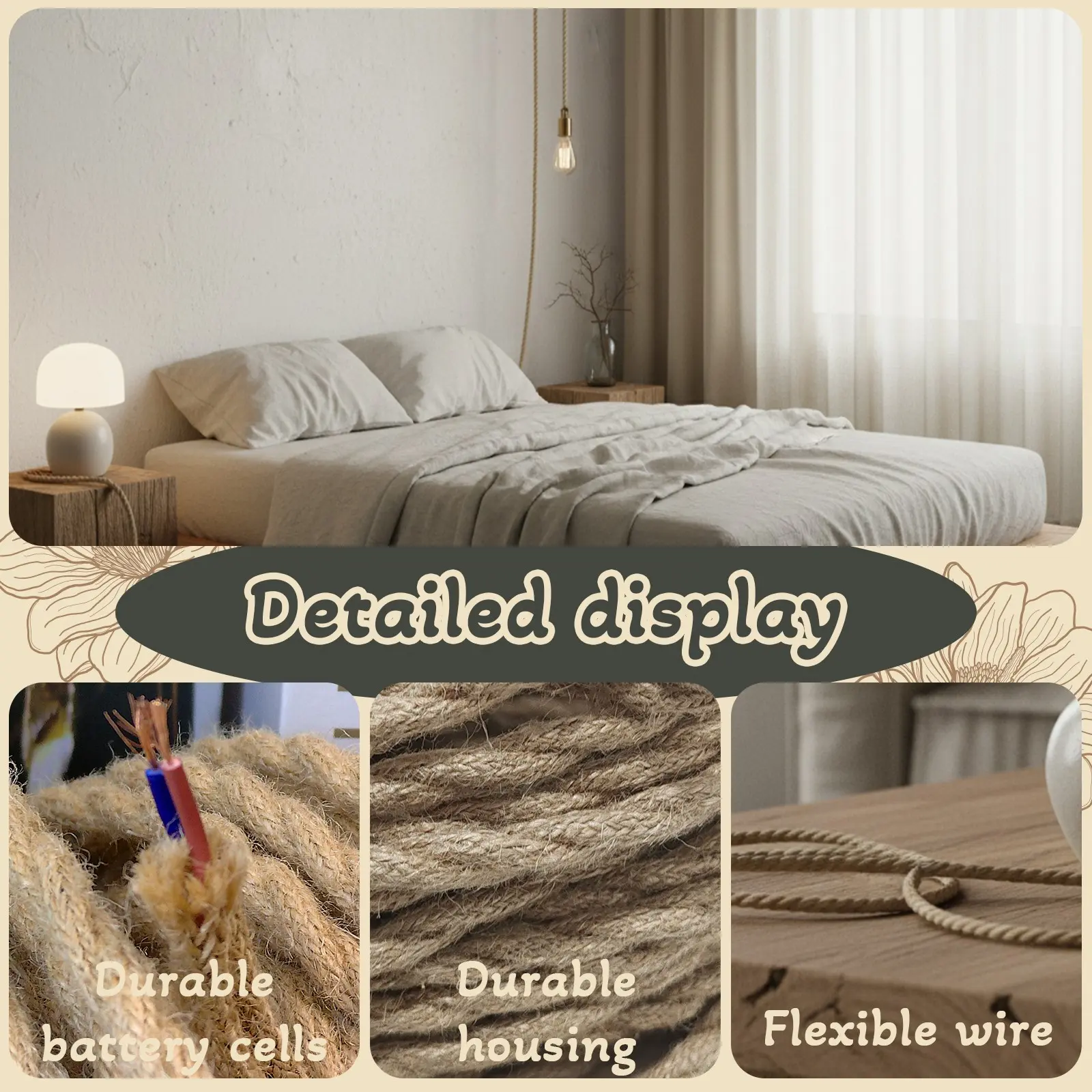 5 Meter Rustic Style Textile Covered Wire, Solid Copper Core Bendable Insulated Braided Drop Wire, Durable Replacement Wiring for Home Renovation