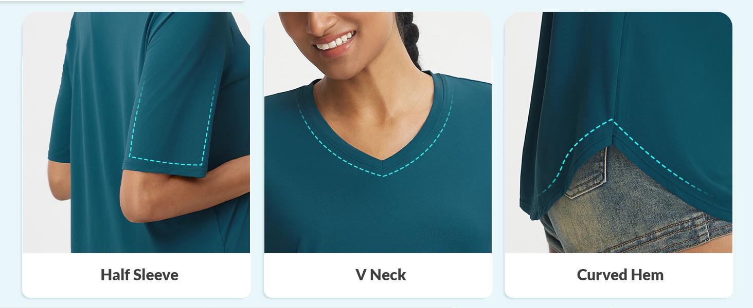 Baleaf Women's V Neck Half Sleeve Workout Top UPF 50+ Sun Protection Athletic Shirt Loose Fit with Curved Hem for Yoga and Running