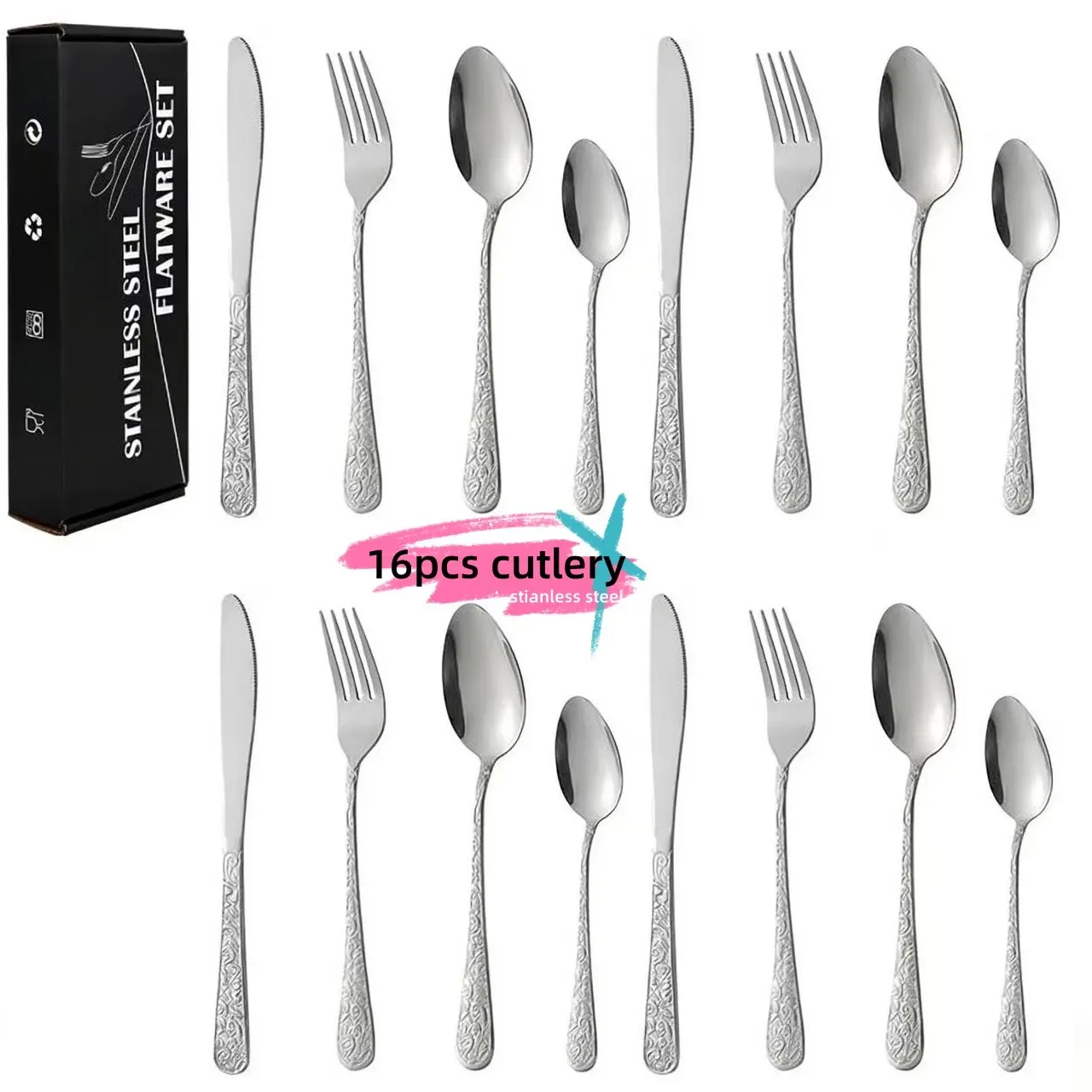 Stainless Steel 16-Piece Silver Color Cutlery Tableware Set, European Vintage Luxury Style, Food-Grade Material, Easy Cleaning, Home & Restaurant Use