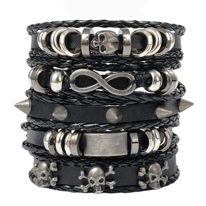 5Pcs Punk Multi-layer Bracelets Set Gothic PU Leather Braided Wristwear Unique Statement Cuff Bands Retro Geometry Accessories, Adjustable Stackable Halloween Hand-woven Bracelet Daily Wear, Party, Gift