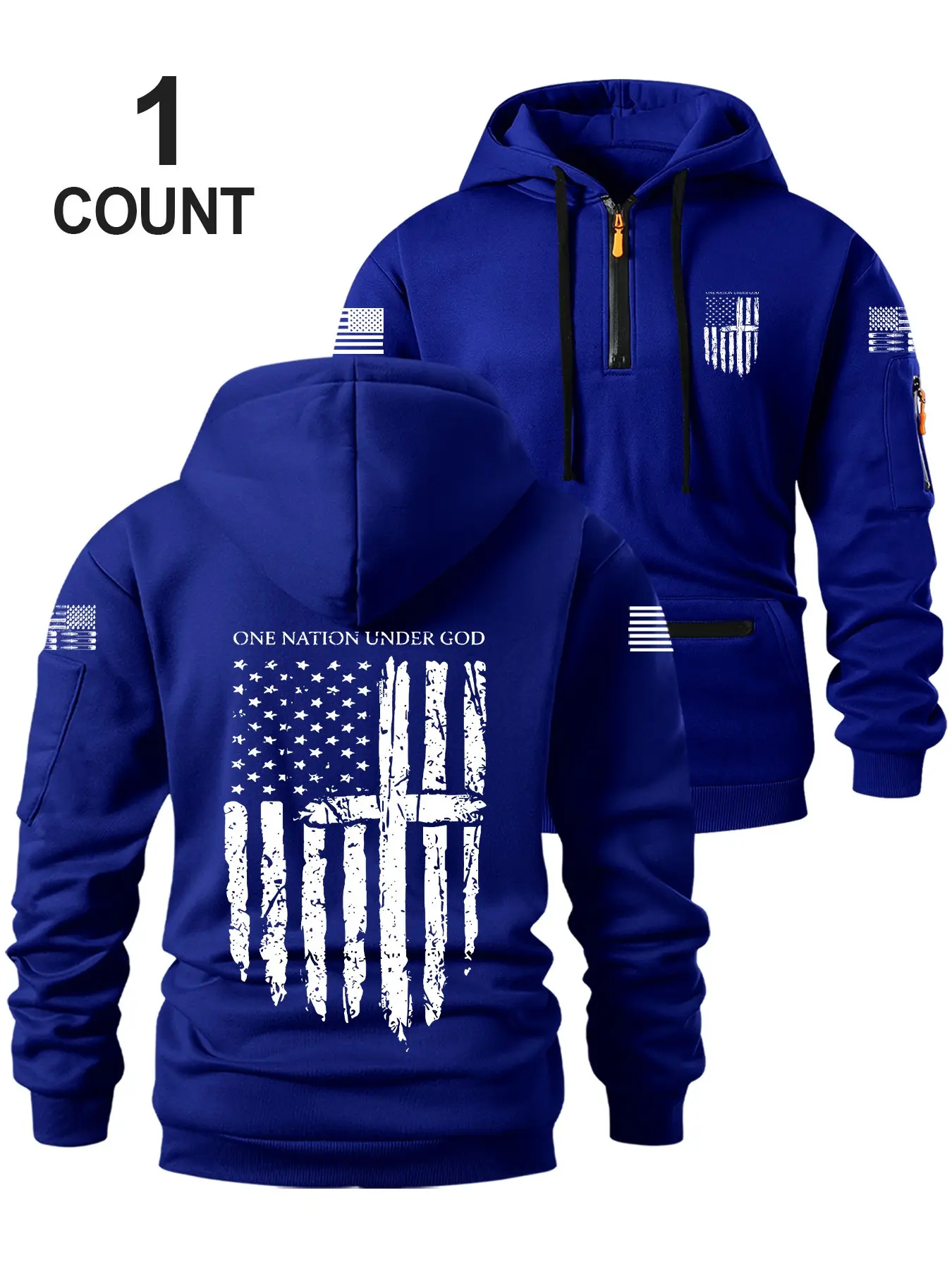 Men's Fall Winter Fitted Pullover Hoodie, Flag Print Drawstring Warm Hooded Sweatshirt, Multi-Pocket Design, Outdoor Sports Top