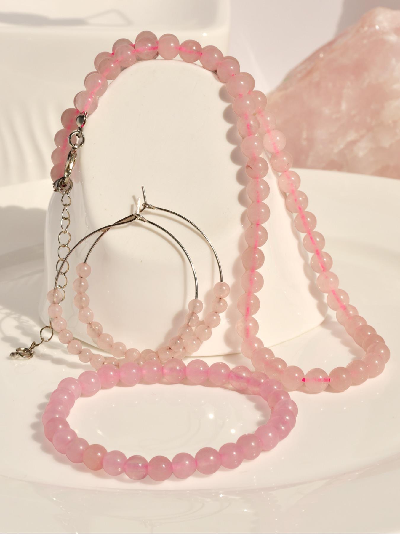 Fashion Simple Natural Pink Crystal Jewelry Set, Including Necklace & Earrings & Bracelet, Casual Jewelry Set for Women, Fashion Accessories for Party, Daily Clothing Decor
