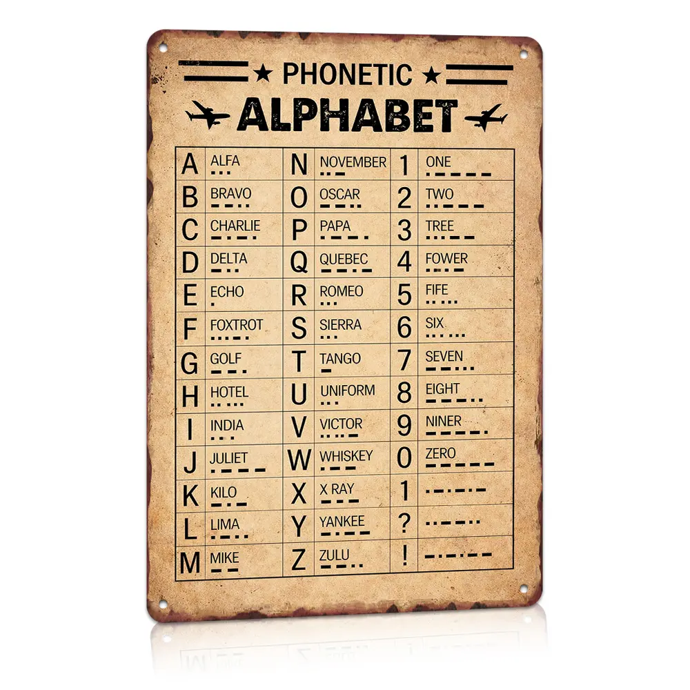 Phonetic Alphabet Aviation Morse Code Airplane Graphic Vintage Aluminum Metal Sign, Vertical 8x12", Aged Paper Worn Distressed, Wall Art Decor, Garage Ornament, Pilot Room Space, Aviation Pilot Lovers, Flight Enthusiast Housewarming Gift