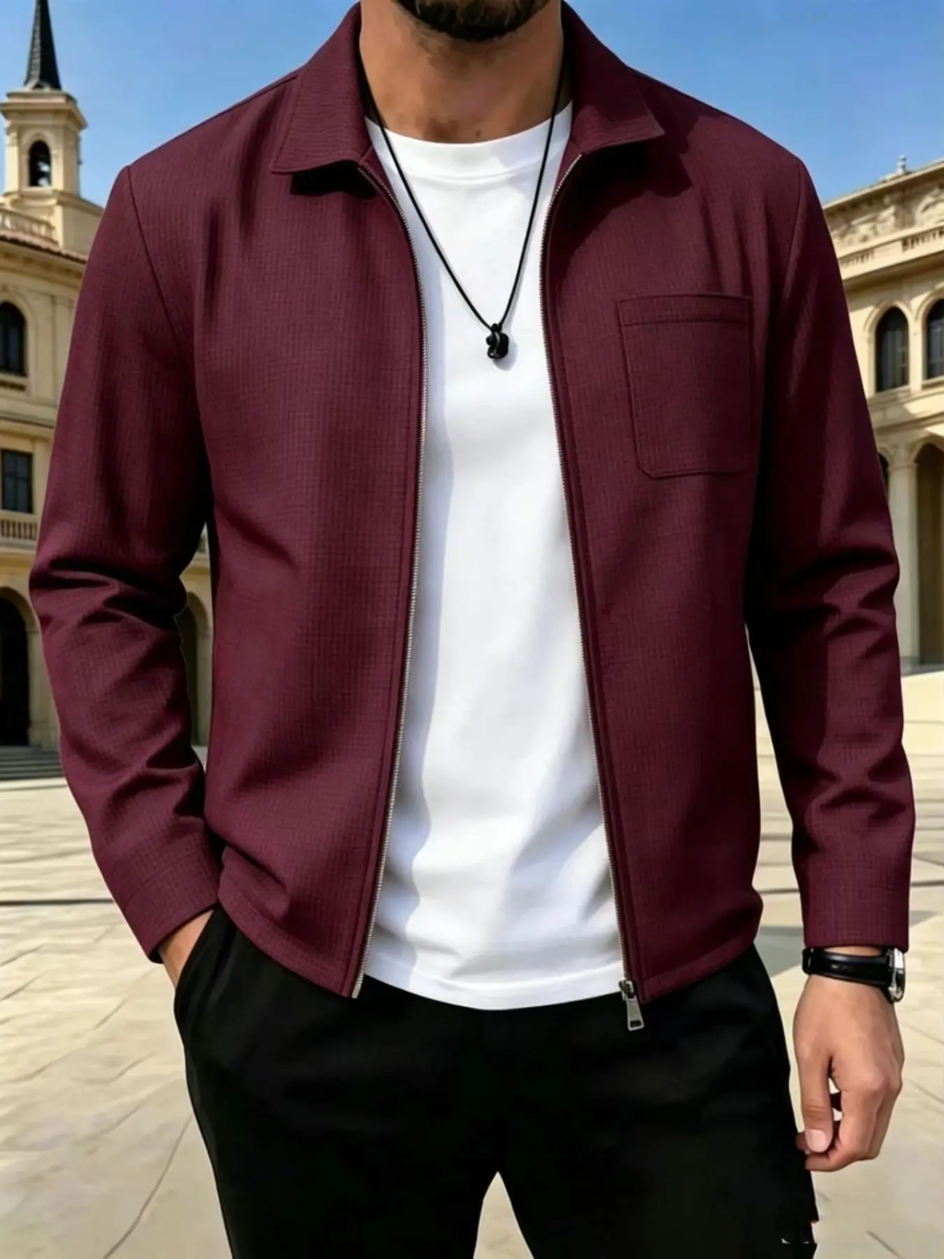 Men's Lapel Zipper Jacket, Waffle Texture Lightweight Casual Business Coat with Chest Pocket, Stylish and Comfortable Outerwear