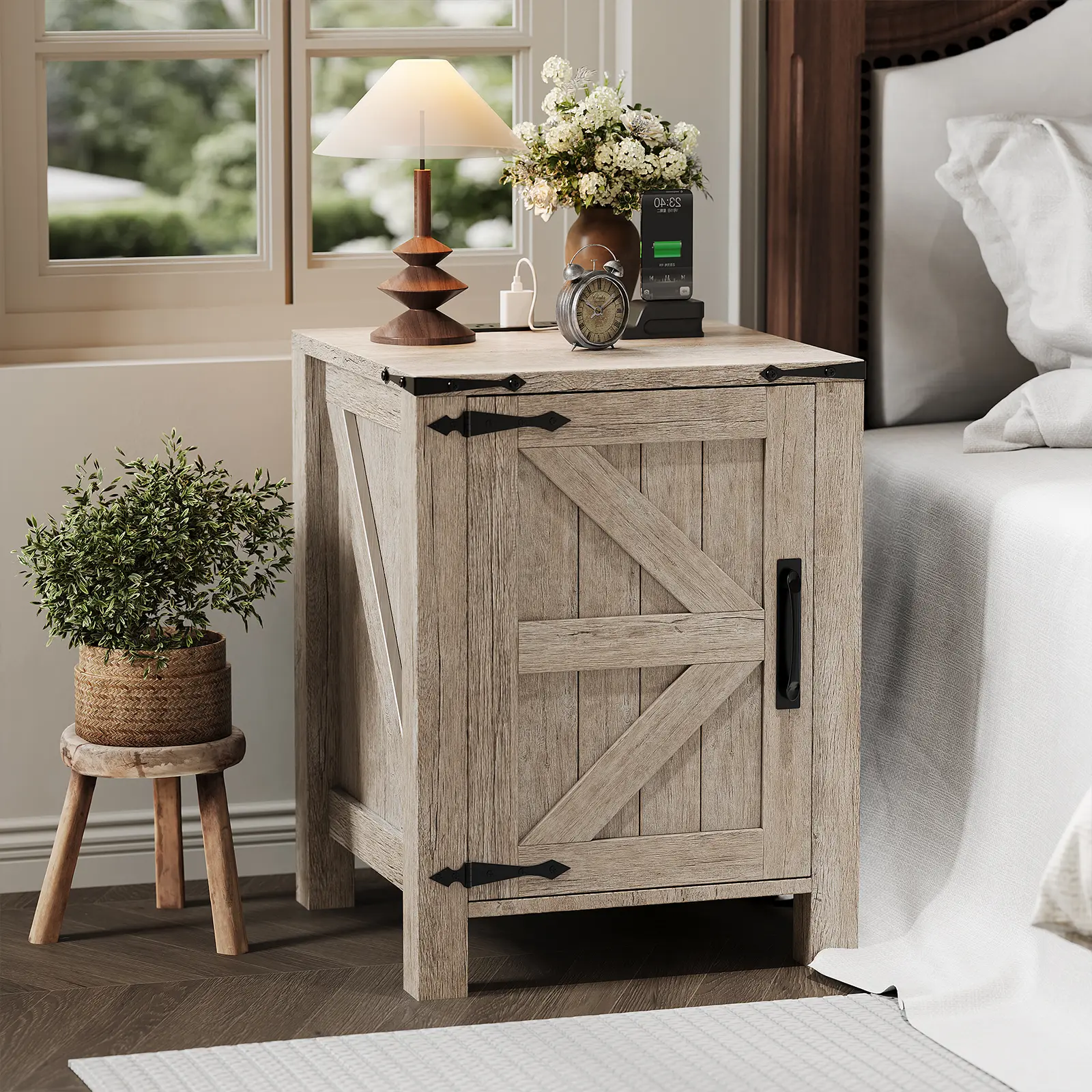 【IdealHouse】Farmhouse Wooden Bedside Table with Charging Station, 18 Inch Nightstand Designed with Barn Door and Adjustable Shelf, Two Tier Storage Side Cabinet for Bedroom and Living Room