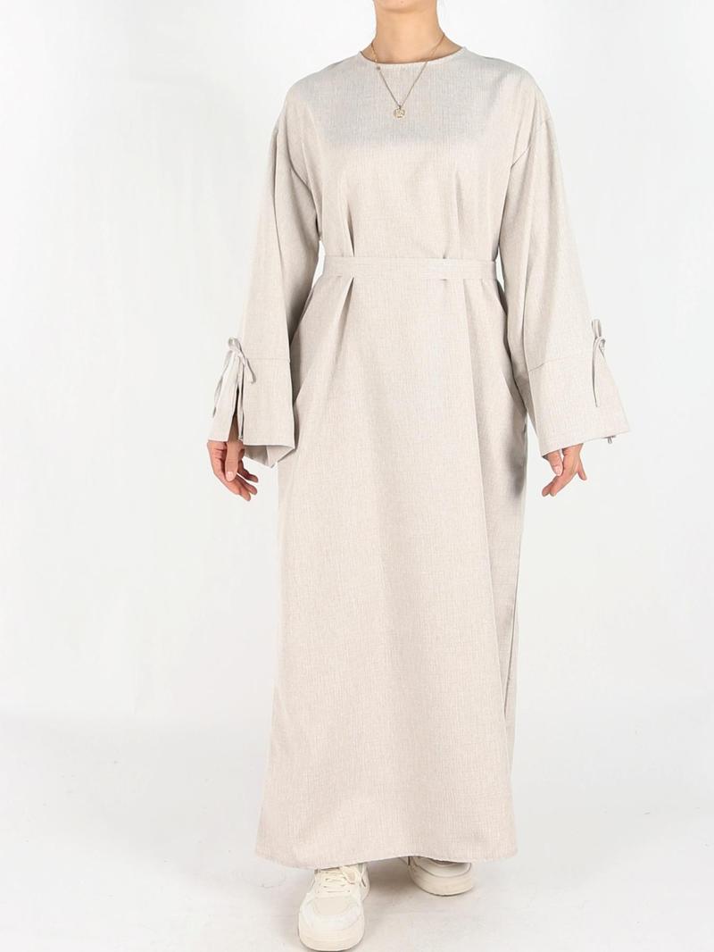Women's Solid Belted Long Sleeve Muslim Dress, Casual Elegant Modesty Round Neck Dress for Daily Wear, Ladies Abaya Islamic Clothing for All Seasons, Dresses for Women, Solid Color Abaya, Abaya Dress Set, Abayas for Eid, Tunic Dress, Maxidresses