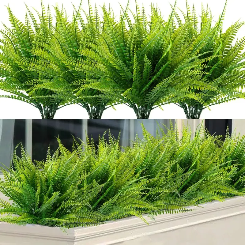12-Piece Artificial Boston Ferns Nature Decor Plants Set, UV-Resistant Faux Shrubs Outdoor Greenery Stems for Garden, Front Porch Outdoor Decor, 14.5" Tall, Fade-Free