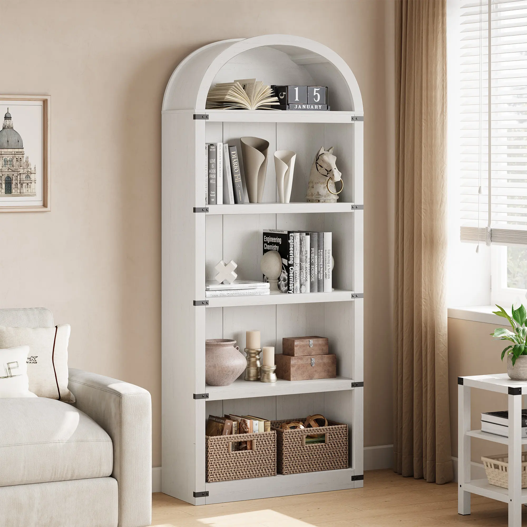 Tall Arched 5-Shelf Sturdy Wooden Bookcase with Doors - Farmhouse Office Furniture, Home Display & Storage Cabinet - 71.65in Height