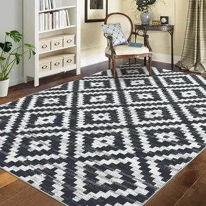 GARVEEWashable Rugs in 2x6 Runner and 9x12 Sizes with Moroccan Geometric Trellis Design, Low Pile, Soft Neutral Colors for Living Room, Bedroom, Office, Nursery, Modern Distressed Farmhouse Style in Brown/White and Black/White