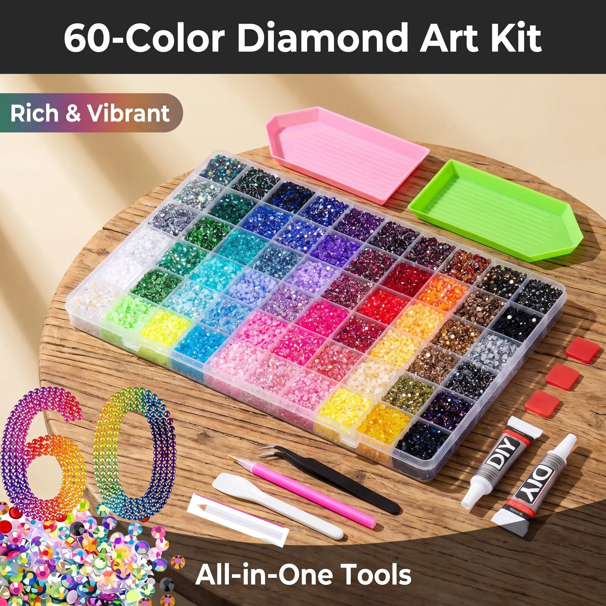 60 Colors Full Diamond Painting Tool Set, Complete DIY Craft Kit for Beginners & Hobbyists, Decorative Items, Handicraft, Perfect present for female friends on birthdays, Christmas & holidays, Jelly Rhinestones /Bedazzling Kit/Diamond Art