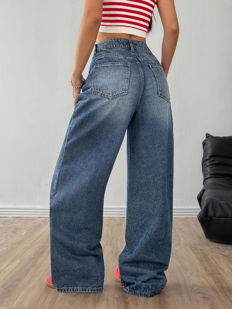 OBlue Jeans Women's Plain Asymmetrical Waist Button Baggy Stacked Jeans, Fashion Casual Denim Jeans for Daily Wear, Ladies Bottoms for All Seasons