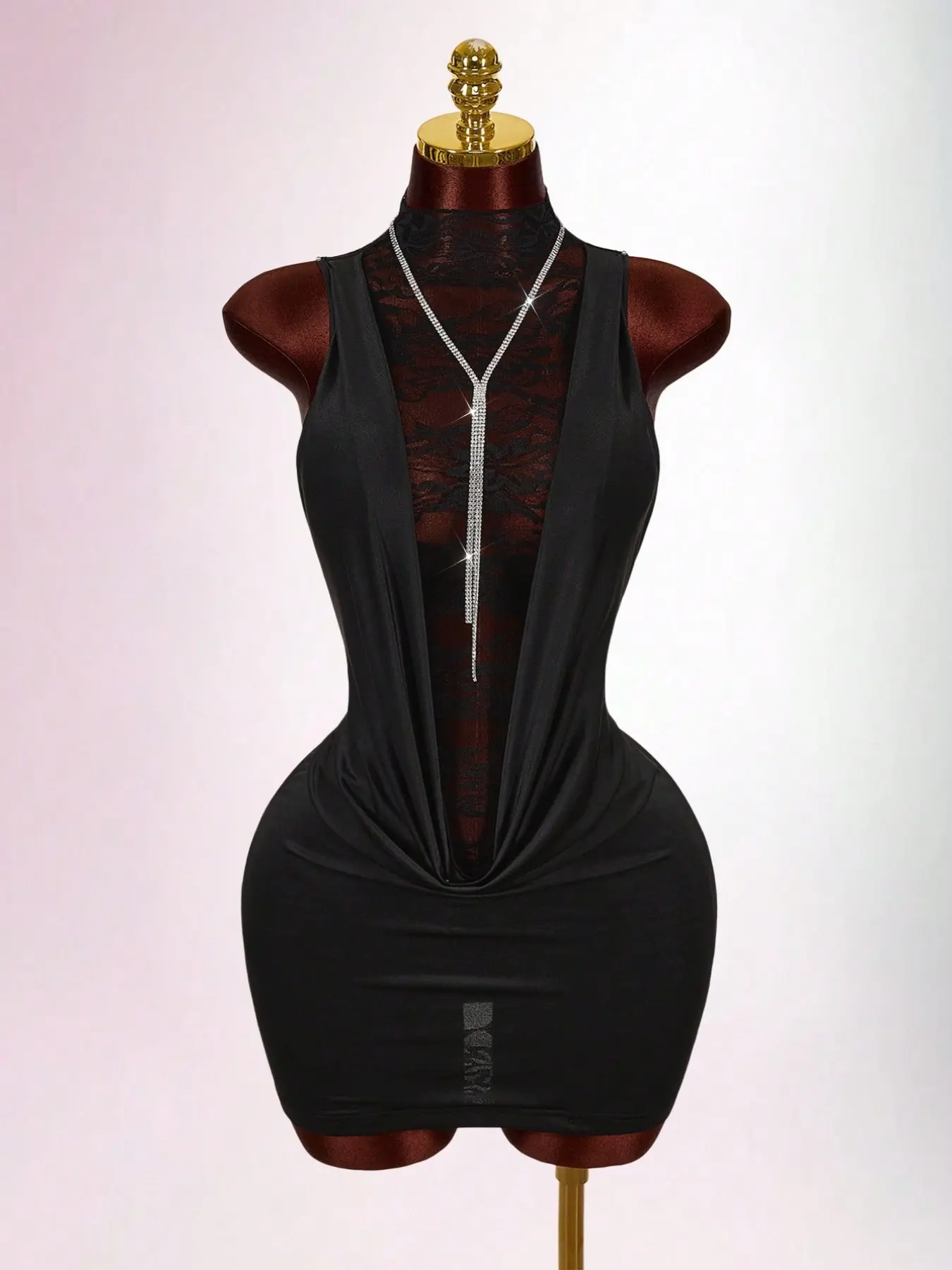 Women's Bodycon Mini Dress, High Neck Ruffled Lace, Semi-Sheer Draped Sleeveless, Club Rave Techno Summer, Beach Party Wedding Guest, Formal Wear, Elegant Classy Flattering
