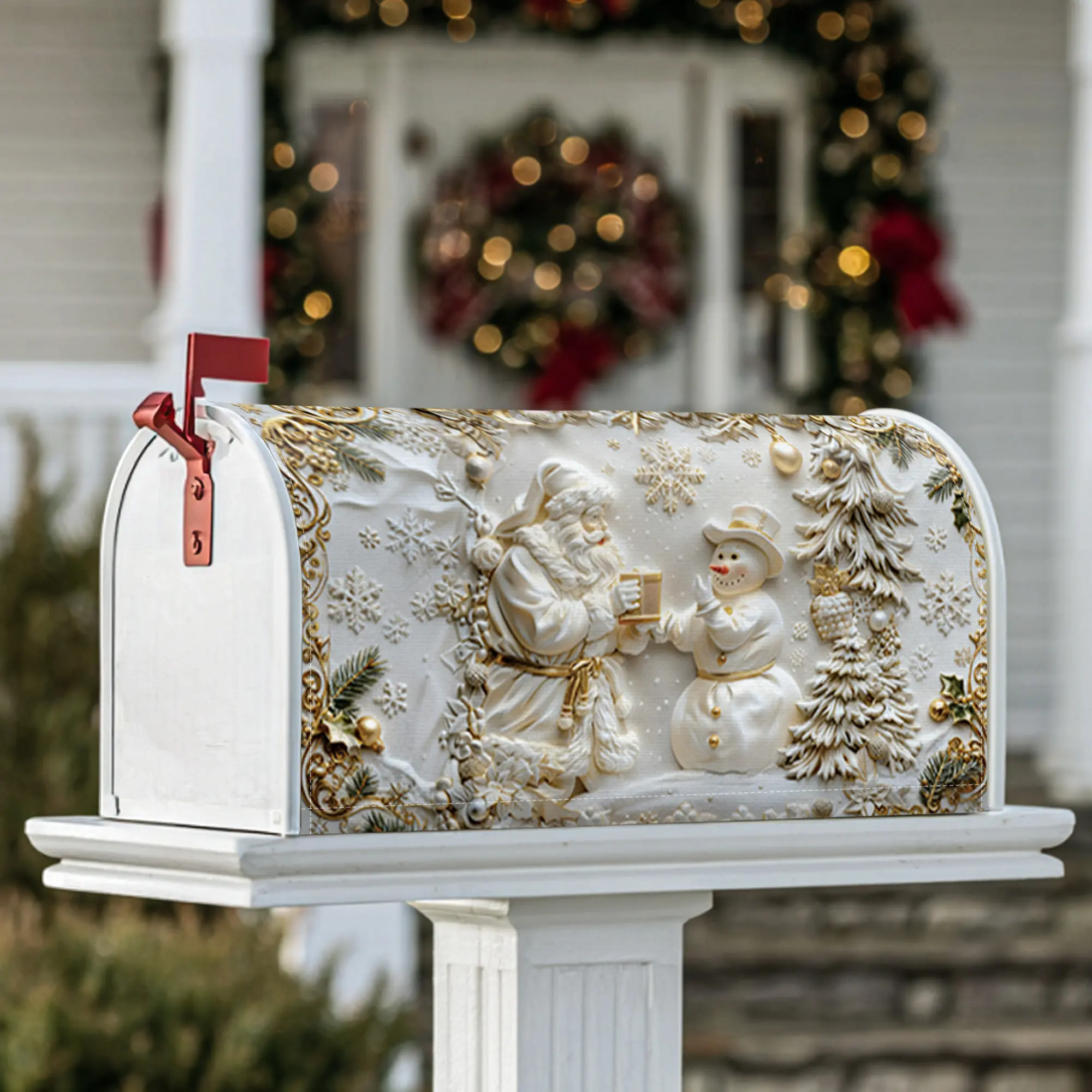 Santa Claus Magnetic Mailbox Covers, Christmas festive snowman pine tree Christmas gold Mailbox Wraps for Garden Patio Decor