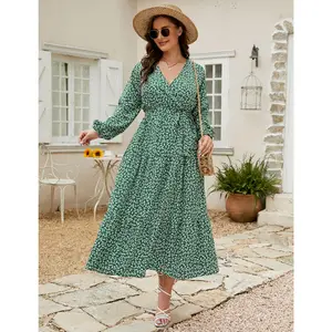 YF Clearance Sale Plus Size Women Wrap V Neck Maxi Dress, Long Bubble Sleeve Self Tie Waist Tiered Ditsy Floral Print Dress, 100% Polyester Four Way Stretch Flowy Vacation Dress, Spring Summer Casual Outfit Gift for Her Green Floral L-5XL clothing