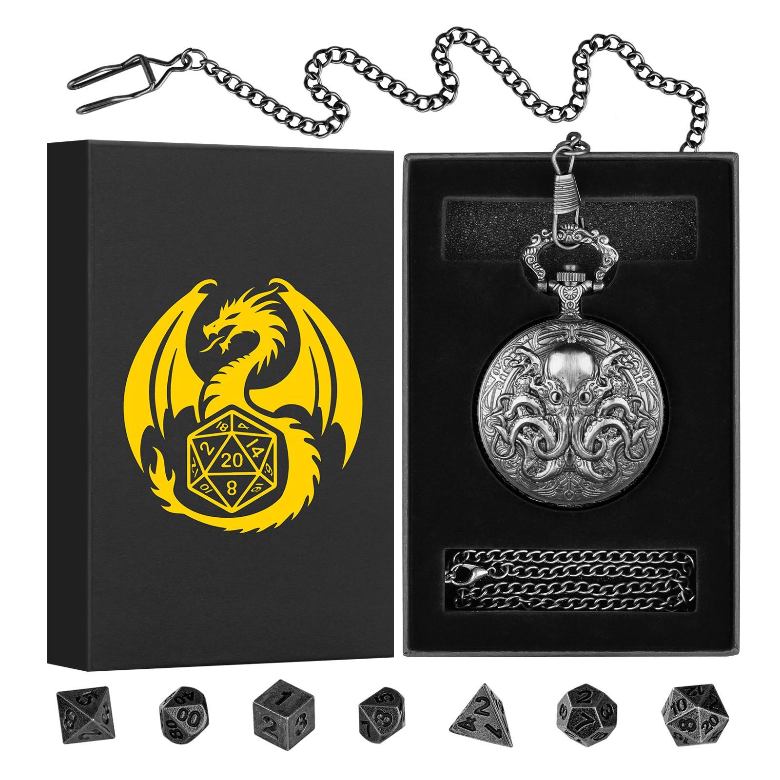 Double Eye Octopus Design Pocket Watch with Chain & Dice Set, 1 Set Role Playing Game Accessories, Cosplay Game Accessories