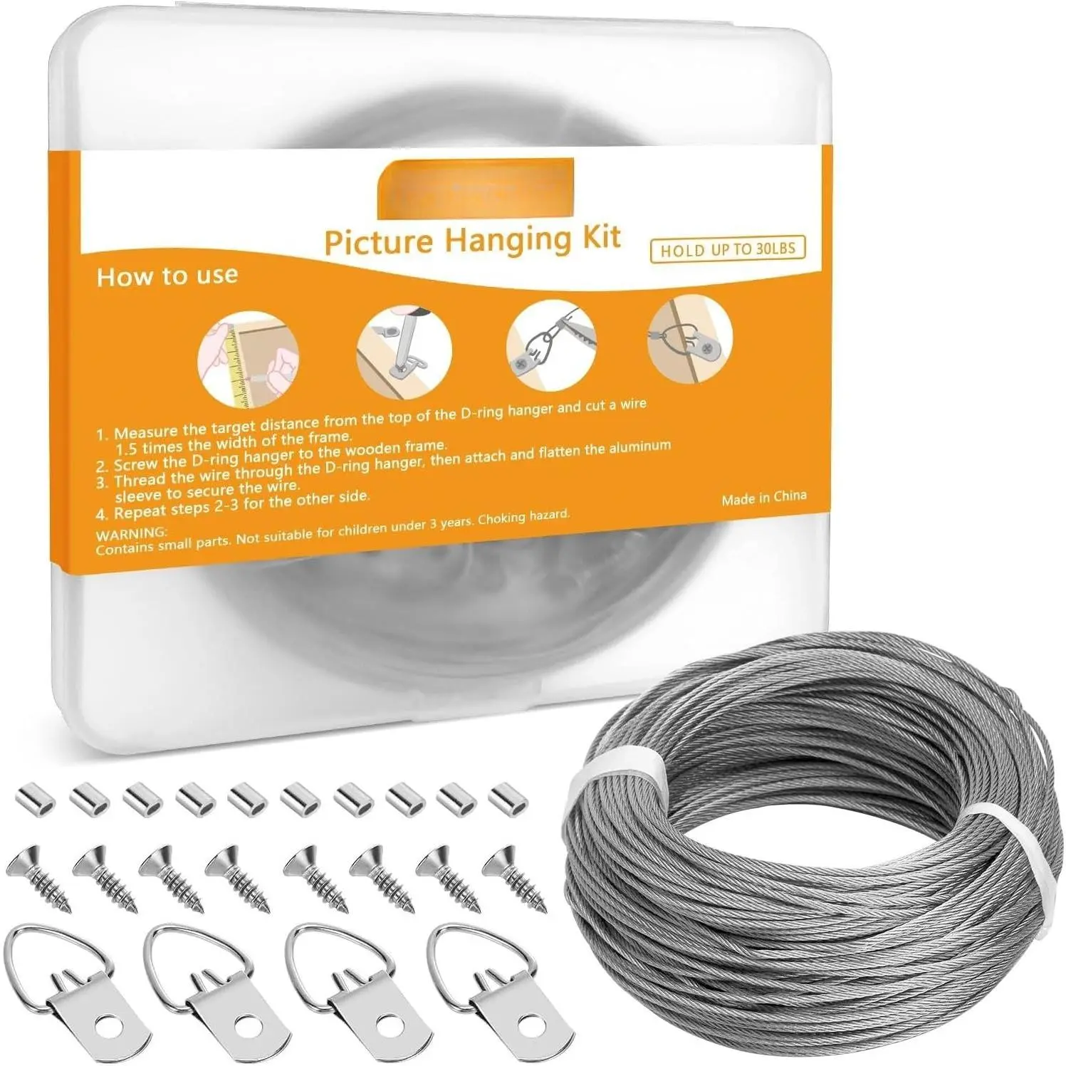 181 count Picture  Kit for Canvas Paintings, Photo Frames | 100 FT Metal Braided  Wire, 60 count D Ring Picture Hangers, 60 count Screws and 60 count Crimp Sleeves for Picture