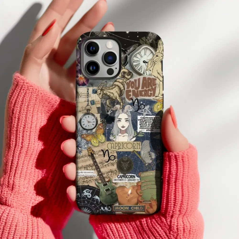 Capricorn Zodiac Collage Astrology Art Pattern Glossy Finish 2-in-1 Phone Case, Silicone-Polycarbonate TPU Cover with Protection, Shockproof Anti-Scratch Accessories for iPhone 17 Air E 16-11 Pro Max Plus Samsung Galaxy S25 S24 Plus S22+ Ultra FE Edge, Mu