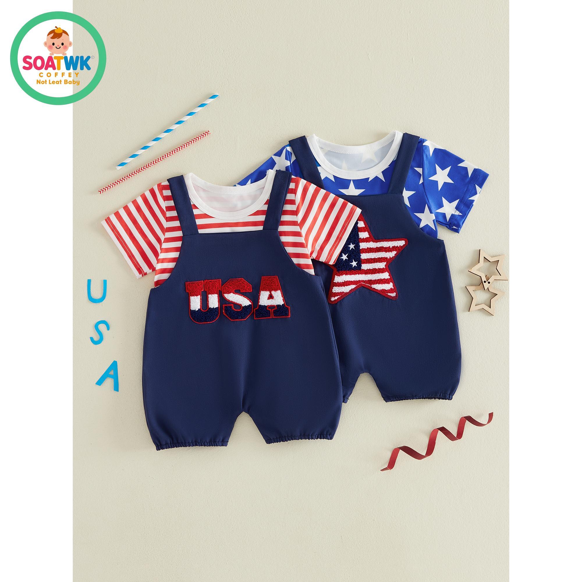 Baby Girls Independence Day Pants Sets Short Sleeve Stars/Stripe Print Tops Suspender Pants Summer Outfits