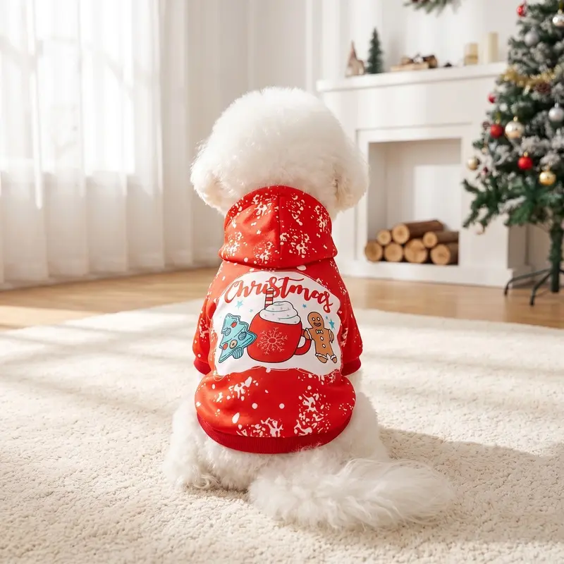 Christmas Dog Hoodie Pet Clothes, Red Snowflake Print Sweatshirt with Gingerbread Man and Christmas Tree Back Graphic Cat Apparel Outfit, Warm Hooded Pullover, Winter Xmas Holiday New Year Party Cosplay Costume For Small Medium Large Dogs Cats Puppy
