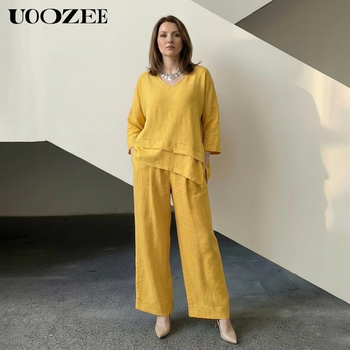 UOOZEE Women's Spring Summer Trend Look Loose Elastic Waistband with Pockets Wide Leg Pants & Oversized V-Neck Top Two-Piece Set, Spring Summer Casual/Work/Weekend Co-Ord for Women