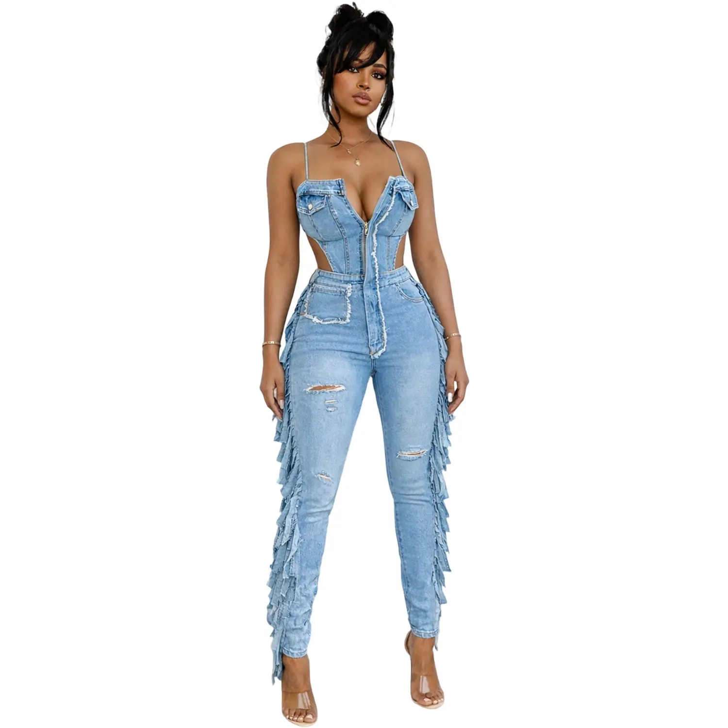 Women's Sexy Denim Jumpsuit Overalls, High-Waist Ripped Style with Fringe Panels and Cutout Back for Party Wear