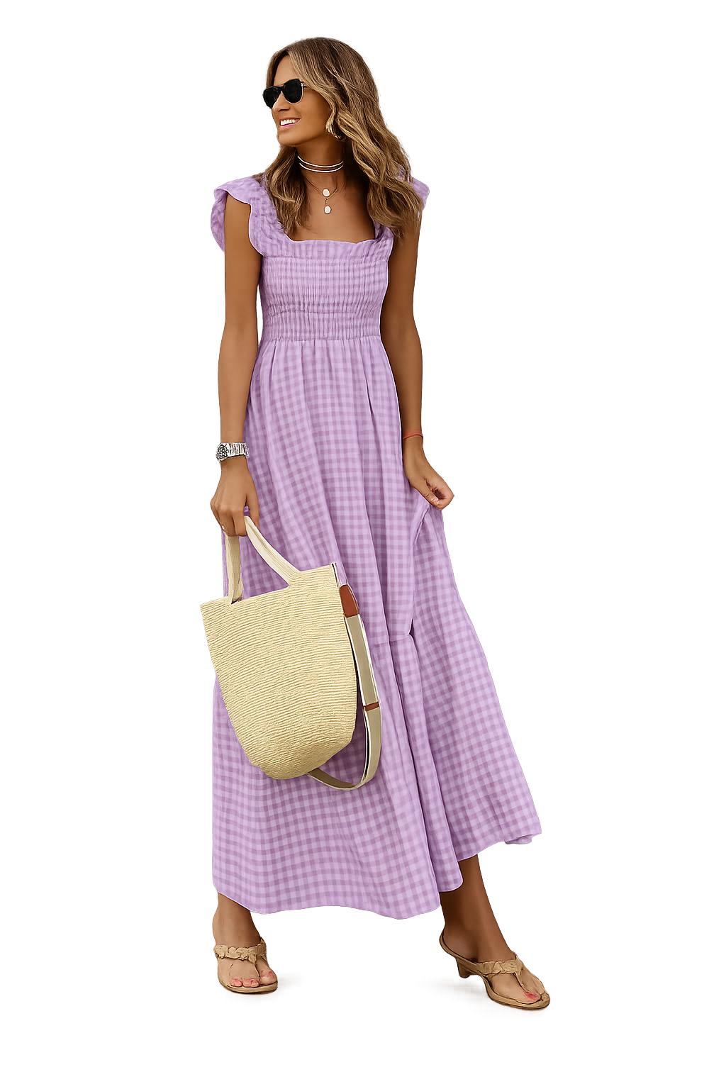 2026 Summer Style Women's Patchwork Plaid Halter Elastic Skirt Dress