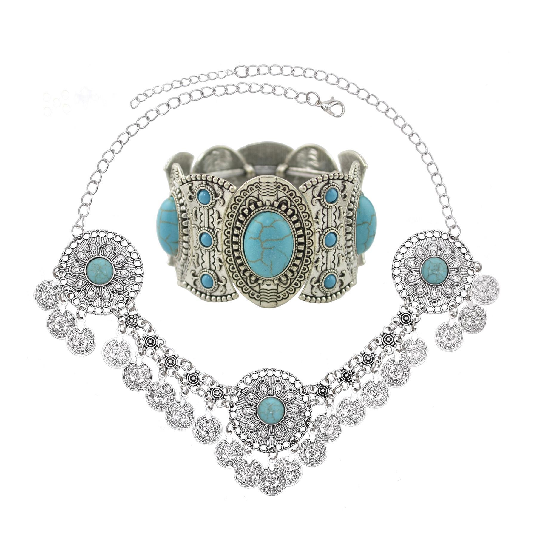 Traditional Kazakhstan Ethnic Coins Bracelet Hair Accessories  for Women Vintage Nepalese Tibetan Clothing Headwear Jewelry Set