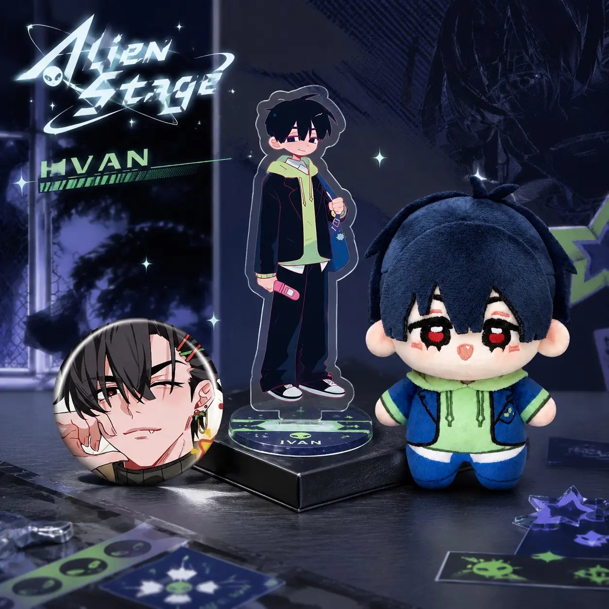 3-Piece Alien Stage Plush Set, 10cm Cute Anime Stuffed Toys, Includes Plushie, Badge, Stand, Soft Touch, Birthday Gift, Room Decor