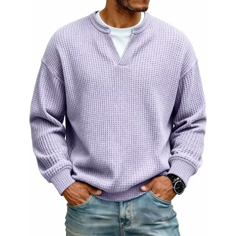 2026 New Spring-Summer Men's Minimalist Waffle-Knit Long-Sleeve Pullover Shirt, Breathable Solid-Color V-Neck, Faux 2-Piece Street Look, Multi-Size (Western Market Style)