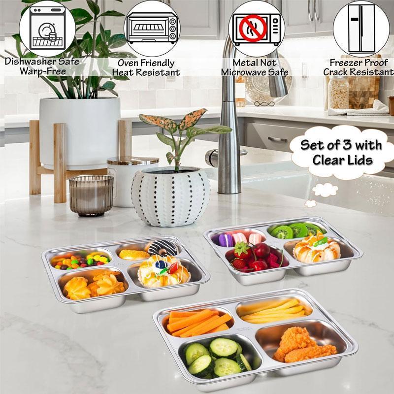 Stainless Steel Snack Container, 3 Counts/set Multi-grid Lunch Box with Lid, Reusable Adult Lunch Container for Home Travel