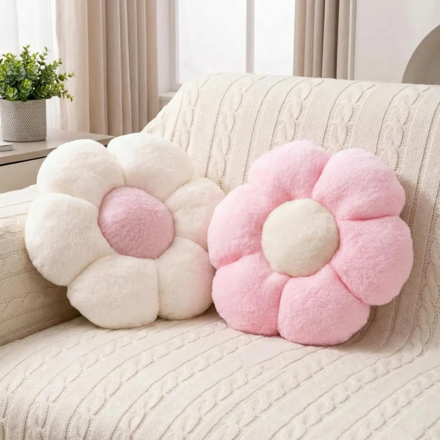 2-Pcs Pink Daisy-Shaped Plush Fabric Decorative Throw Pillows with PP Cotton Fill & Zipper Closure, 15in Pink-White Set, Preppy Look Floor Pillows for Girls' Bedroom, Couch, Bed, 15 In