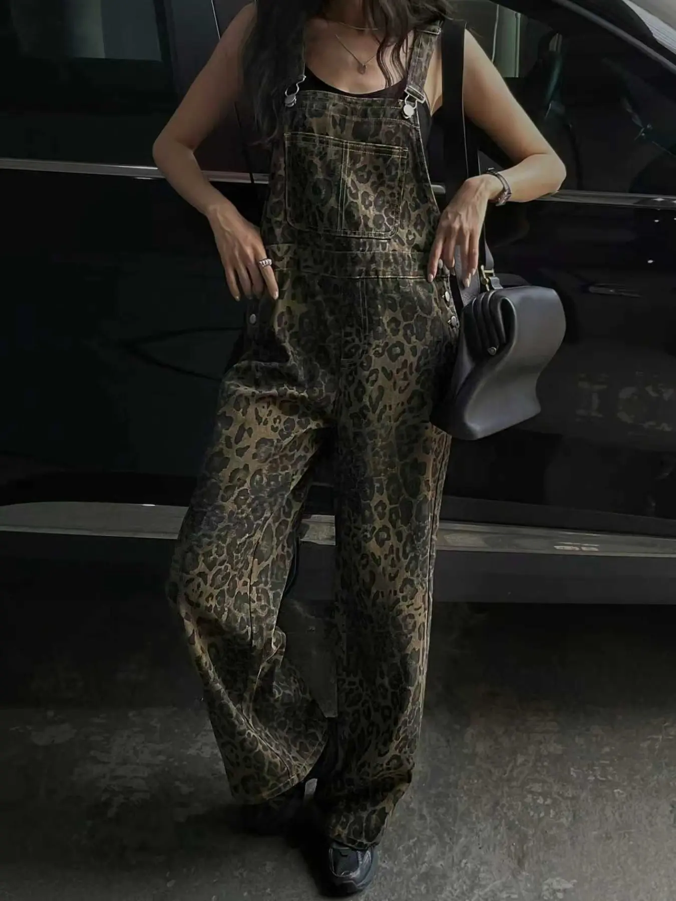 Women's Casual Loose One-Piece Suspender Strap Overalls Vintage Leopard Print Long Pants, Stylish and Comfortable, Perfect for Daily Wear