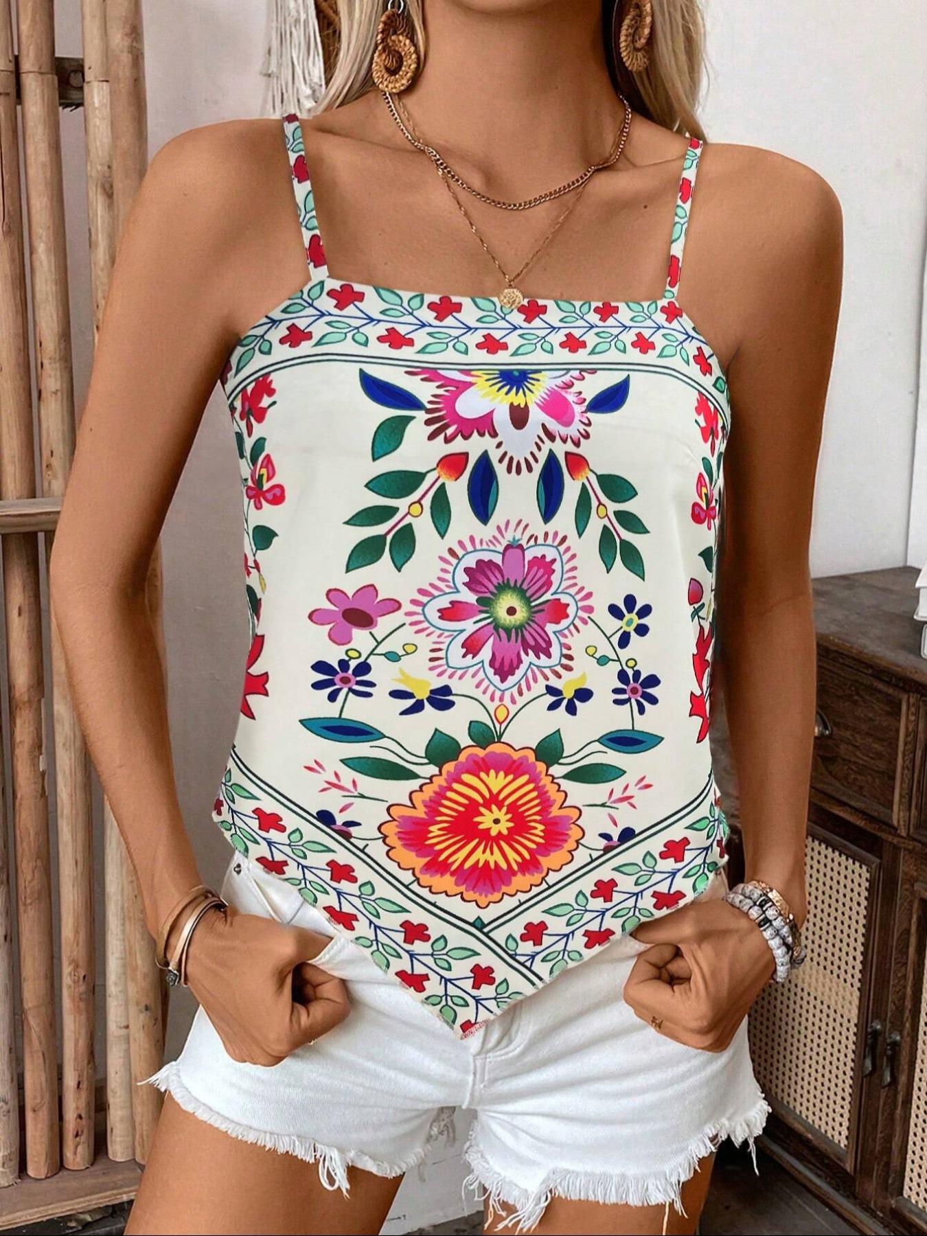 Women's Floral Print Cami Top, Boho Bohemian Sleeveless Top for Summer, Ladies Clothes for Daily Wear, Womenswear